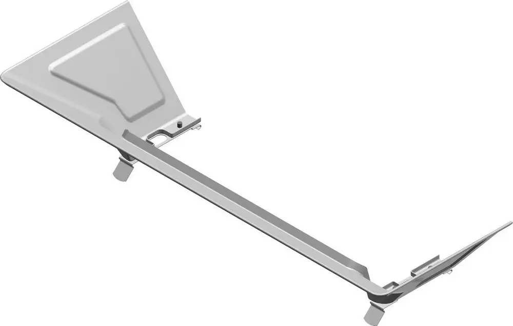 Strahlungsblech von Bosch, metallisch und flach, mit einer diagonalen Form und Befestigungselementen an den Seiten.